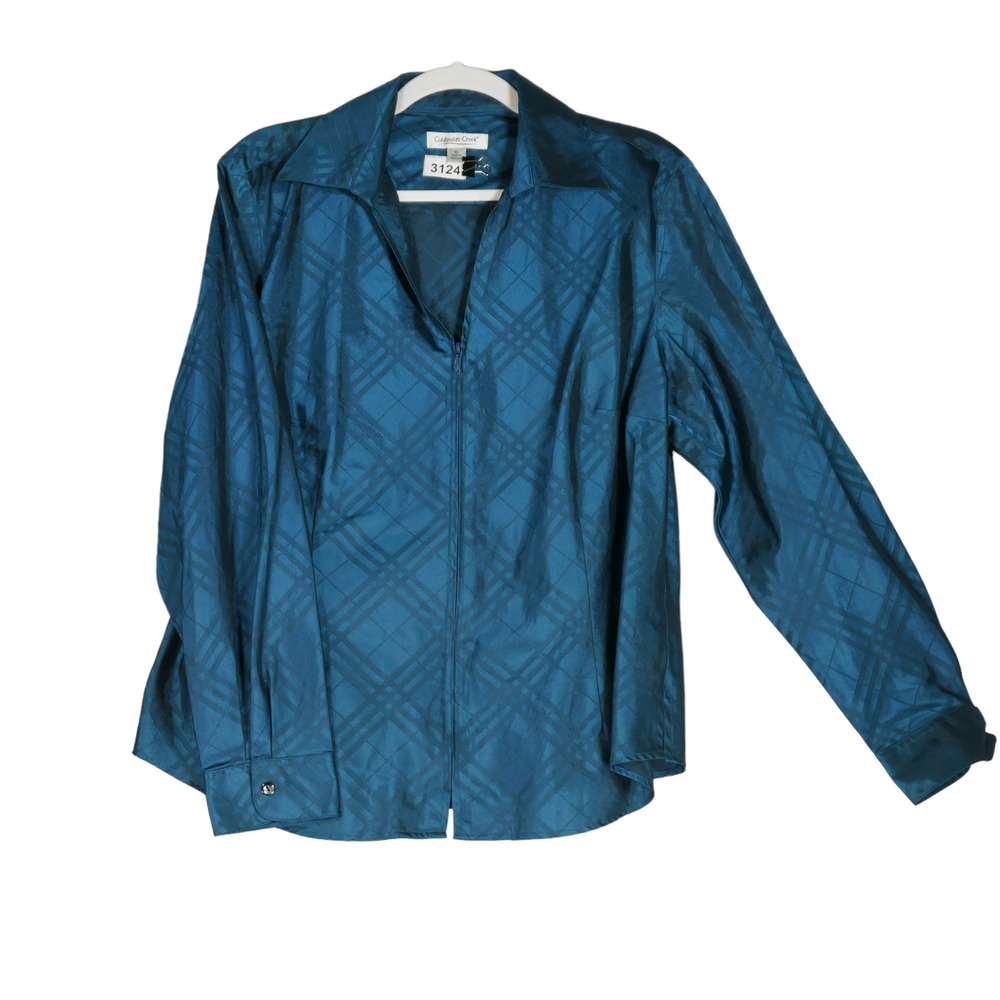 Coldwater Creek Shiny Formal Blouse Womens XL Teal Blue Light Plaid Zip Front